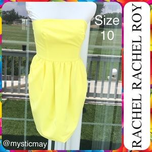 RACHEL ROY Canary Yellow Strapless Cage Back Sheath Dress w Black Trim Size 10